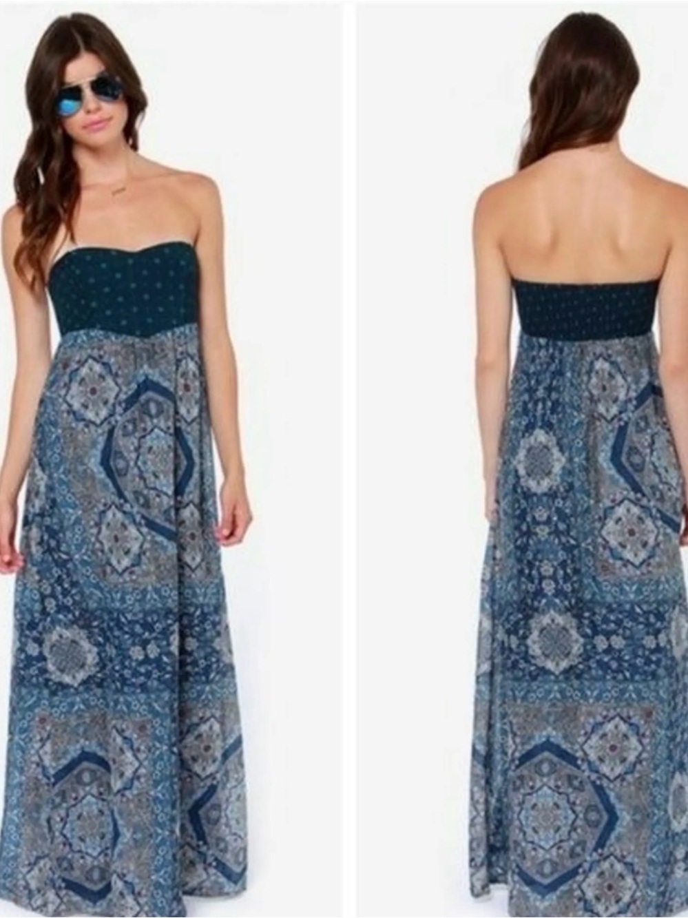 Roxy Strapless Navy and Teal Printed Maxi Dress